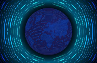 Global teknoloji ağı. Dünya ikili devre kartı gelecek teknolojisi, mavi hud siber güvenlik kavramı. 3d oluşturma.