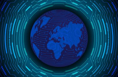 Global teknoloji ağı. Dünya ikili devre kartı gelecek teknolojisi, mavi hud siber güvenlik kavramı. 3d oluşturma.