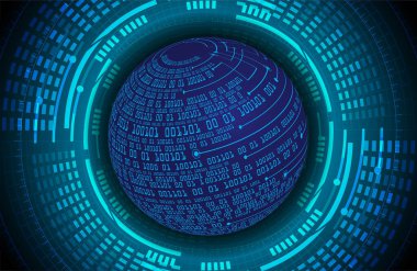 Büyük kürenin etrafında siber devre parçacıkları olan koyu mavi soyut teknoloji arka planı. Gelecekteki teknoloji ve küresel ağ kavramı