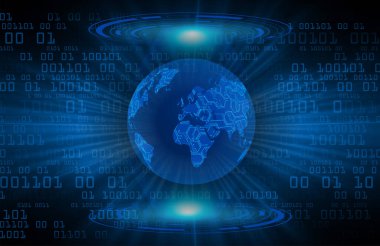 Dünya 'nın her yerinde siber devre parçacıkları olan koyu mavi soyut teknoloji arka planı. Gelecekteki teknoloji ve küresel ağ kavramı