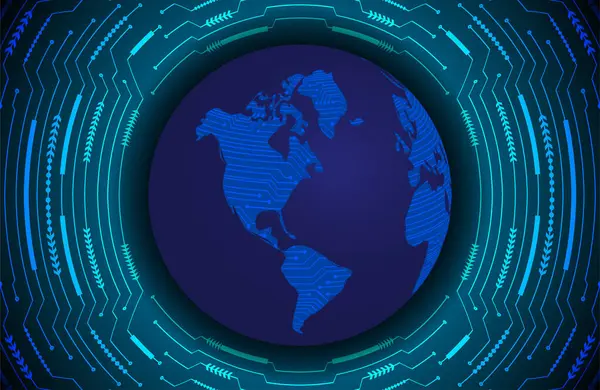 Ψηφιακό Υπόβαθρο Τεχνολογίας Παγκόσμιο Χάρτη Δικτύου Μπλε Κουμπί Κυβερνοσύστημα Σφαίρα — Διανυσματικό Αρχείο