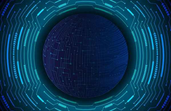 深蓝色的抽象技术背景和围绕大球体的网络电路粒子 今后的技术和全球网络概念 — 图库矢量图片