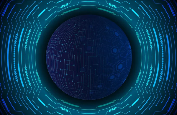 深蓝色的抽象技术背景和围绕大球体的网络电路粒子 今后的技术和全球网络概念 — 图库矢量图片