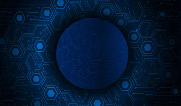 Fondo Tecnología Abstracta Azul Oscuro Con Partículas Circuito Cibernético Alrededor — Archivo Imágenes Vectoriales