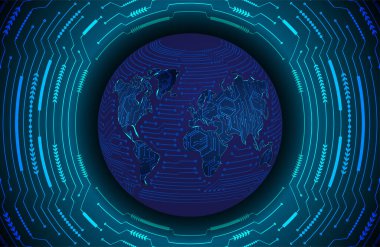 Global teknoloji ağı. Dünya ikili devre kartı gelecek teknolojisi, mavi hud siber güvenlik kavramı. 3d oluşturma.