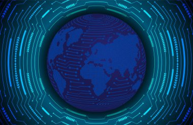 Global teknoloji ağı. Dünya ikili devre kartı gelecek teknolojisi, mavi hud siber güvenlik kavramı. 3d oluşturma.