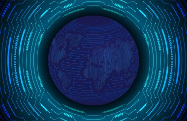 Global teknoloji ağı. Dünya ikili devre kartı gelecek teknolojisi, mavi hud siber güvenlik kavramı. 3d oluşturma.