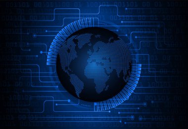 Global teknoloji ağı. Dünya ikili devre kartı gelecek teknolojisi, mavi hud siber güvenlik kavramı. 3d oluşturma.