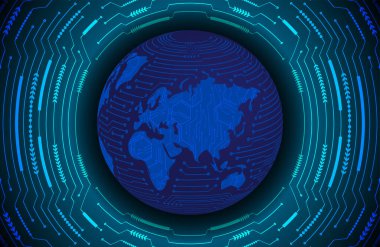 Global teknoloji ağı. Dünya ikili devre kartı gelecek teknolojisi, mavi hud siber güvenlik kavramı. 3d oluşturma.