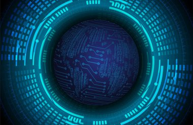 Global teknoloji ağı. Dünya ikili devre kartı gelecek teknolojisi, mavi hud siber güvenlik kavramı. 3d oluşturma.