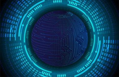 Global teknoloji ağı. Dünya ikili devre kartı gelecek teknolojisi, mavi hud siber güvenlik kavramı. 3d oluşturma.