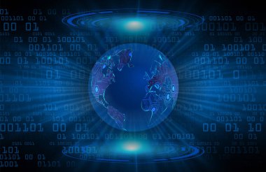 Global teknoloji ağı. Dünya ikili devre kartı gelecek teknolojisi, mavi hud siber güvenlik kavramı. 3d oluşturma.