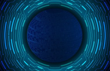 Global teknoloji ağı. Dünya ikili devre kartı gelecek teknolojisi, mavi hud siber güvenlik kavramı. 3d oluşturma.