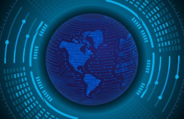 İkili devre kartı gelecek teknolojisi, mavi siber güvenlik kavramı. dünya haritası.  