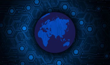 İkili devre kartı gelecek teknolojisi, mavi siber güvenlik kavramı. dünya haritası.  