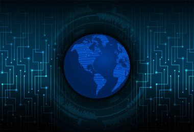 İkili devre kartı gelecek teknolojisi, mavi siber güvenlik kavramı. dünya haritası.  