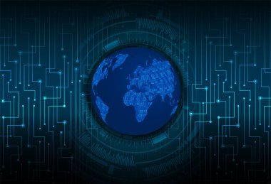 İkili devre kartı gelecek teknolojisi, mavi siber güvenlik kavramı. dünya haritası.  