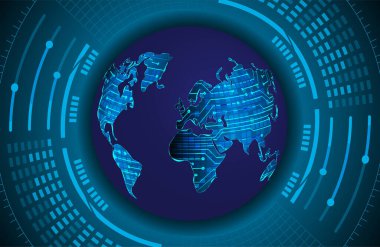 İkili devre kartı gelecek teknolojisi, mavi siber güvenlik kavramı. dünya haritası.  