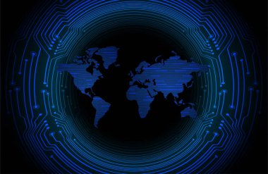 İkili devre kartı gelecek teknolojisi, mavi siber güvenlik kavramı. dünya haritası.  