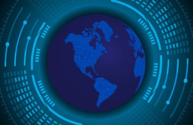 İkili devre kartı gelecek teknolojisi, mavi siber güvenlik kavramı. dünya haritası.  