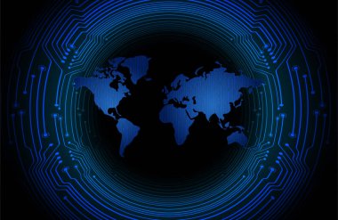 İkili devre kartı gelecek teknolojisi, mavi siber güvenlik kavramı. dünya haritası.  