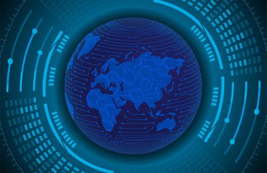 İkili devre kartı gelecek teknolojisi, mavi siber güvenlik kavramı. dünya haritası.  