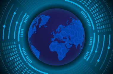 İkili devre kartı gelecek teknolojisi, mavi siber güvenlik kavramı. dünya haritası.  