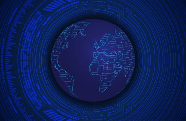 İkili devre kartı gelecek teknolojisi, mavi siber güvenlik kavramı. dünya haritası.  