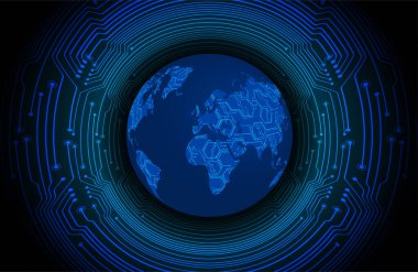 Dünya ikili devre kartı gelecek teknolojisi, mavi hud siber güvenlik kavramı arka planı