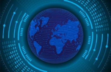 İkili devre kartı gelecek teknolojisi, mavi siber güvenlik kavramı. dünya haritası.  