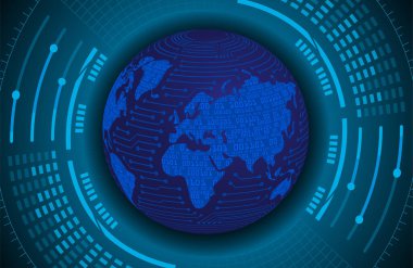 İkili devre kartı gelecek teknolojisi, mavi siber güvenlik kavramı. dünya haritası.  