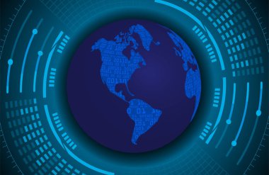 İkili devre kartı gelecek teknolojisi, mavi siber güvenlik kavramı. dünya haritası.  