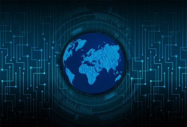 İkili devre kartı gelecek teknolojisi, mavi siber güvenlik kavramı. dünya haritası.  