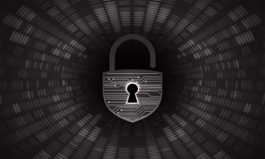 Siber güvenlik, veri koruması, bilgi koruma ve şifreleme. Asma kilitli vektör arkaplanı 