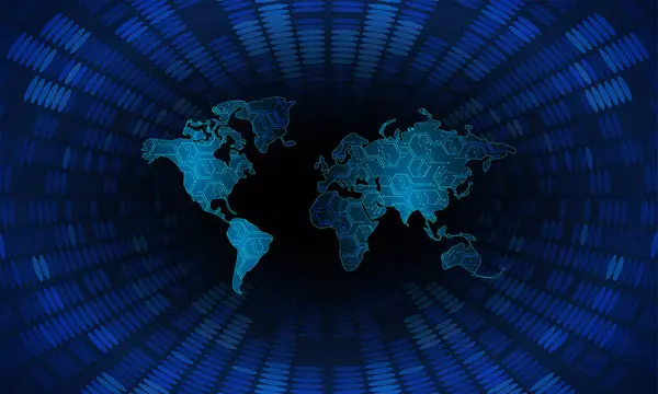 Binäre Leiterplatte Zukunftstechnologie Blaues Cyber Sicherheitskonzept Hintergrund Weltkarte — Stockvektor