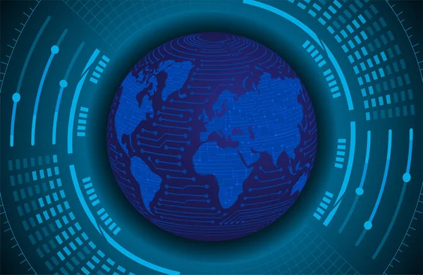 バイナリ回路基板将来の技術 青いサイバーセキュリティコンセプトの背景 世界地図 — ストックベクタ