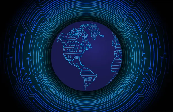 Monde Carte Circuit Binaire Technologie Future Hud Bleu Fond Concept — Image vectorielle