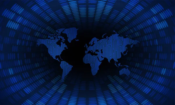 バイナリ回路基板将来の技術 青いサイバーセキュリティコンセプトの背景 世界地図 — ストックベクタ