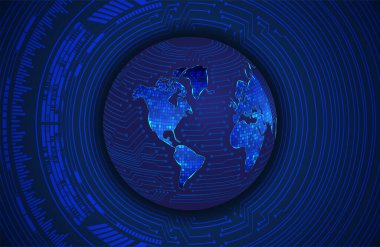 Dünya ikili devre kartı gelecek teknolojisi, mavi hud siber güvenlik kavramı arka planı