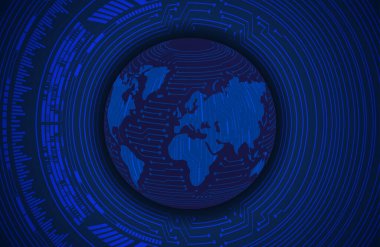 Dünya ikili devre kartı gelecek teknolojisi, mavi hud siber güvenlik kavramı arka planı