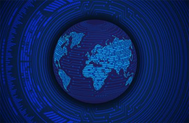Dünya ikili devre kartı gelecek teknolojisi, mavi hud siber güvenlik kavramı arka planı