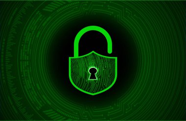 Siyah arka planda devresi olan asma kilit. siber güvenlik kavramı, veri koruması.