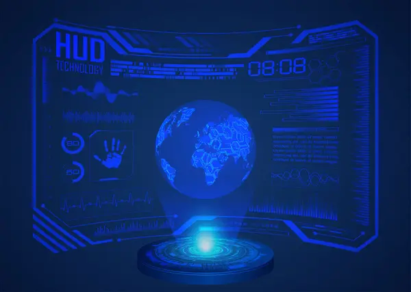 全息图的未来主义接口与全息图和世界地图的蓝色背景 全球技术 通信和技术 — 图库矢量图片
