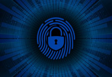 Siber güvenlik, veri koruması, bilgi koruma ve şifreleme. Asma kilit ve parmak izi olan vektör arkaplanı 