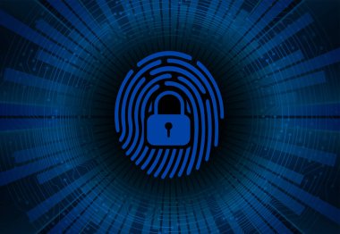 Siber güvenlik, veri koruması, bilgi koruma ve şifreleme. Asma kilit ve parmak izi olan vektör arkaplanı 