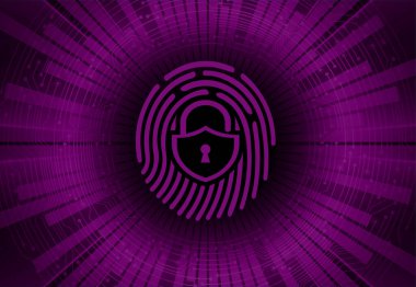 Siber güvenlik, veri koruması, bilgi koruma ve şifreleme. Asma kilit ve parmak izi olan vektör arkaplanı 