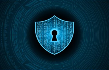 Siber güvenlik kavramı: Dijital veri arka planında anahtar deliği simgesi olan kalkan. Siber veri güvenliği ya da bilgi gizlilik fikrini görüntüler