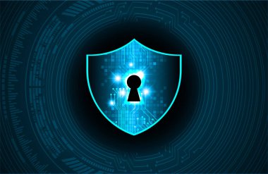 Siber güvenlik kavramı: Dijital veri arka planında anahtar deliği simgesi olan kalkan. Siber veri güvenliği ya da bilgi gizlilik fikrini görüntüler