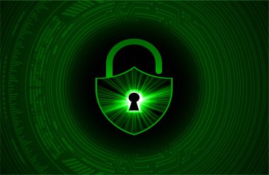 Siber güvenlik kavramı: Dijital veri arka planında anahtar deliği simgesi olan kalkan. Siber veri güvenliği ya da bilgi gizlilik fikrini görüntüler