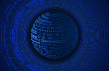 Siber devre geleceğin teknoloji konsepti, fütüristik küreye sahip soyut arkaplan, mavi arkaplan, vektör illüstrasyonu